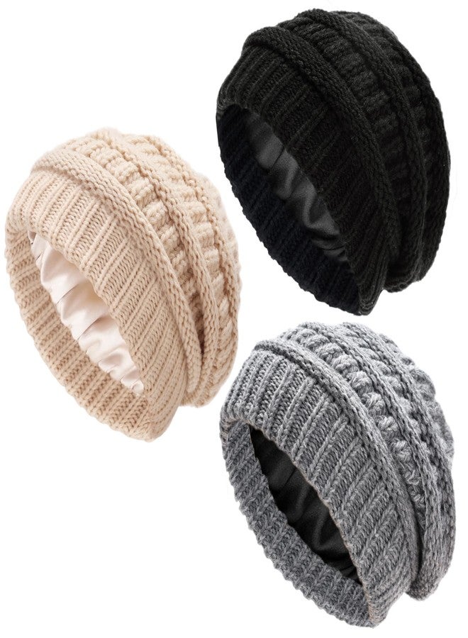Ultrafun 3 Pack Satin Lined Beanie for Women, Slouchy Winter Hats with Silk Lined, Oversized Knit Warm Hat Skull Cap (Black, Beige, Grey) - Image 1